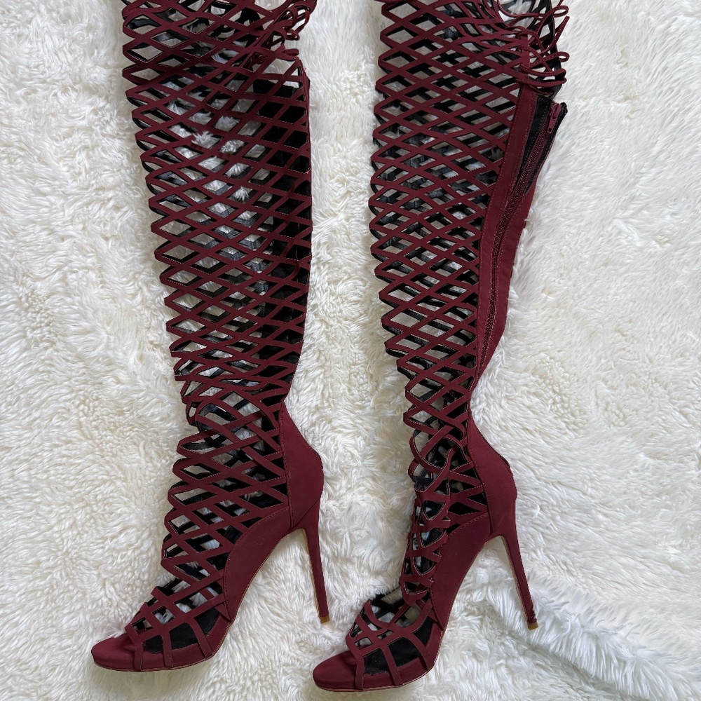 Burgundy Lattice Thigh-High Stiletto Boots